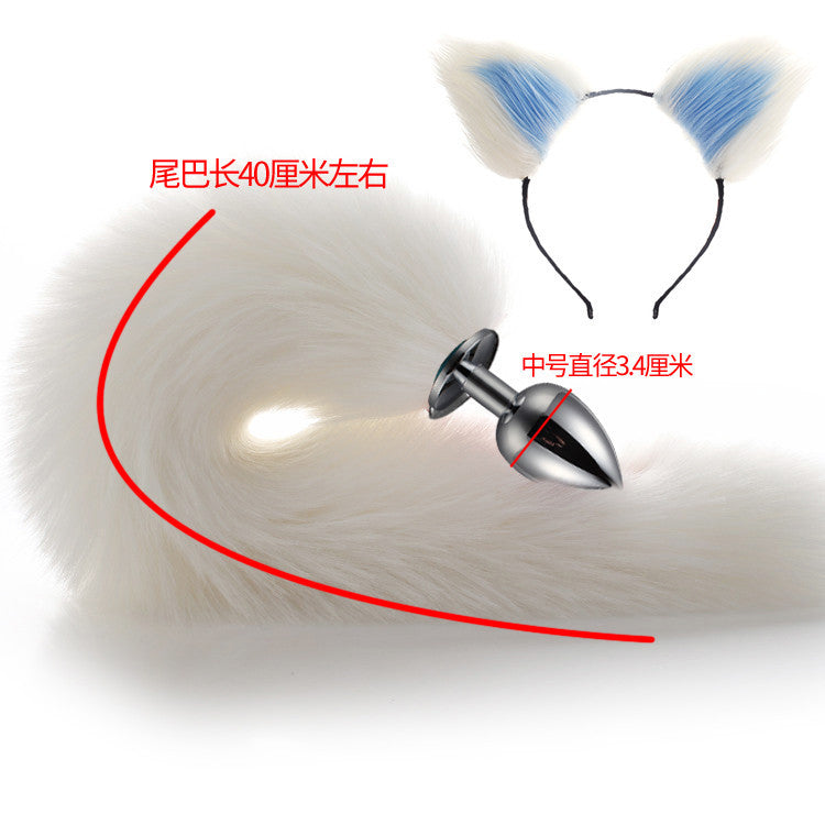 Image of 40cm All White Tail Double Erotic Fun Plush Hair Clip Ears Cosplay Makeup Metal Anal Plug Expansion